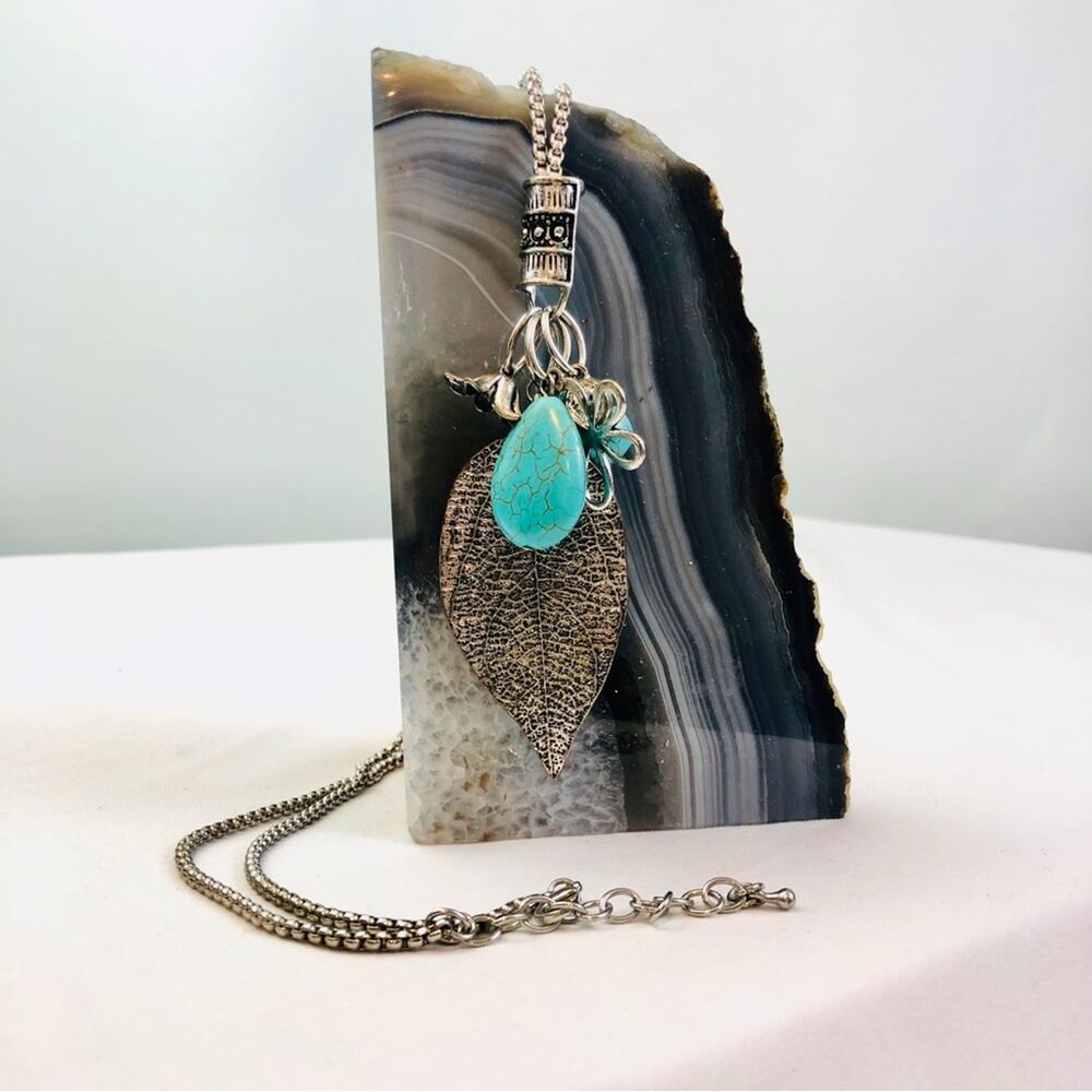 Trendy Long Necklace Faux Silver Turquoise Charms - Picture 16 of 16